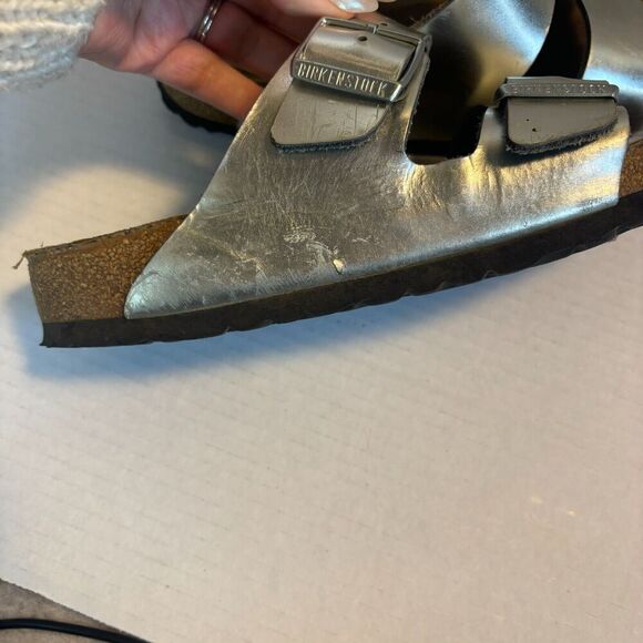 Birkenstock Arizona Silver Sandals Slide EU 38 US Women’s Size 7 EUC - Picture 5 of 6